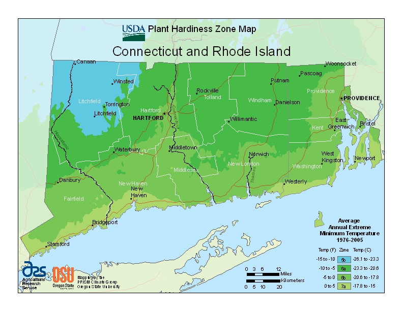 Connecticut and Rhode Island plant hardiness map